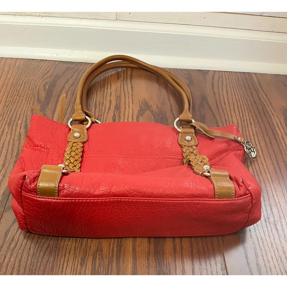 Red Purse Brown Straps Satchel Hand Bag Braided accents Pockets - Picture 5 of 8